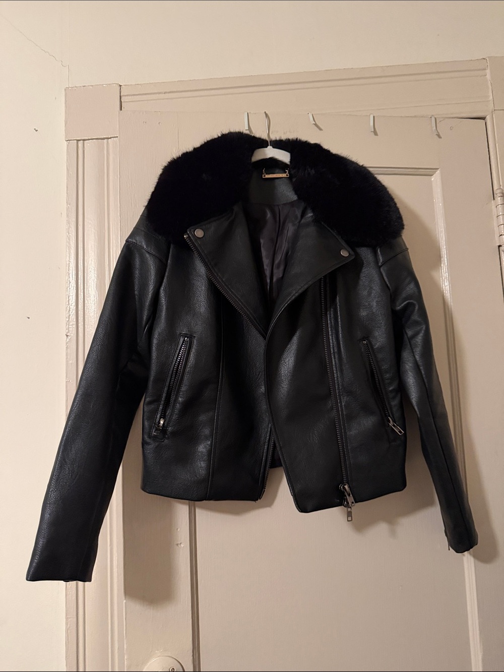 T Tahari Black Faux Leather Jacket with Black Fur Collar